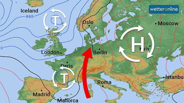 Wetterlage Donnerstag: Zwischen Tief und Hoch warm Luft zu uns geführt