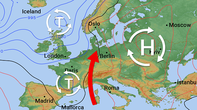 Wetterlage Donnerstag: Zwischen Tief und Hoch warm Luft zu uns geführt