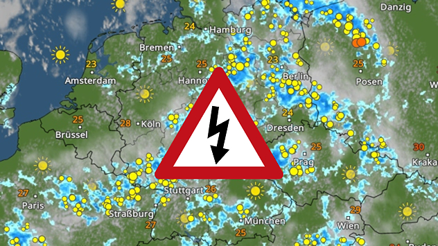 Wetterkarte von Deutschland mi verbreitet Gewittern am Freitag.