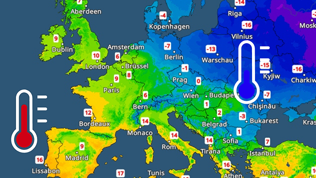 Radar des températures en Europe avec de fortes différences de température : températures douces en Europe occidentale, air très froid en Europe orientale, représentées par une échelle de couleurs et des symboles de thermomètre.