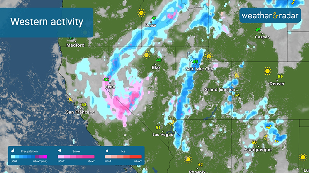 A slow-moving autumn storm impacts the West with snow, rain and thunderstorms.
