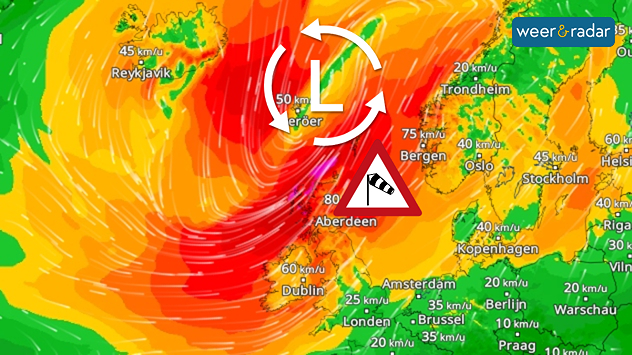 De WindRadar van Noord-Europa toont een lagedrukgebied tussen IJsland en Noorwegen. Die staat daar ingetekend. Daaronder een windvaan, want de kaart toont veel wind om het lagedrukgebied heen.