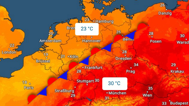TemperaturRadar-Vorhersage: Es gibt große Kontraste am Samstag.
