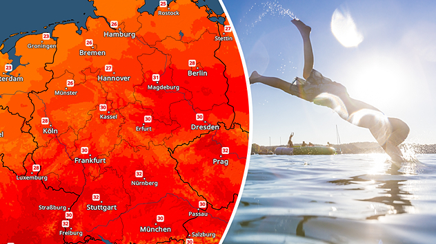 Deutschlandkarte mit Höchstwerten um 30–33 °C, daneben springt ein Mensch bei Sonnenschein kopfüber in einen Badesee – Symbol für Sommerhitze.