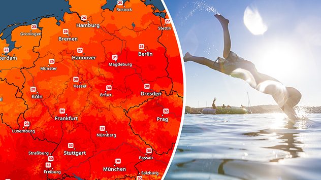 Deutschlandkarte mit HÃ¶chstwerten um 30â33â¯Â°C, daneben springt ein Mensch bei Sonnenschein kopfÃ¼ber in einen Badesee â Symbol fÃ¼r Sommerhitze. (c) moreimages/shutterstock.com