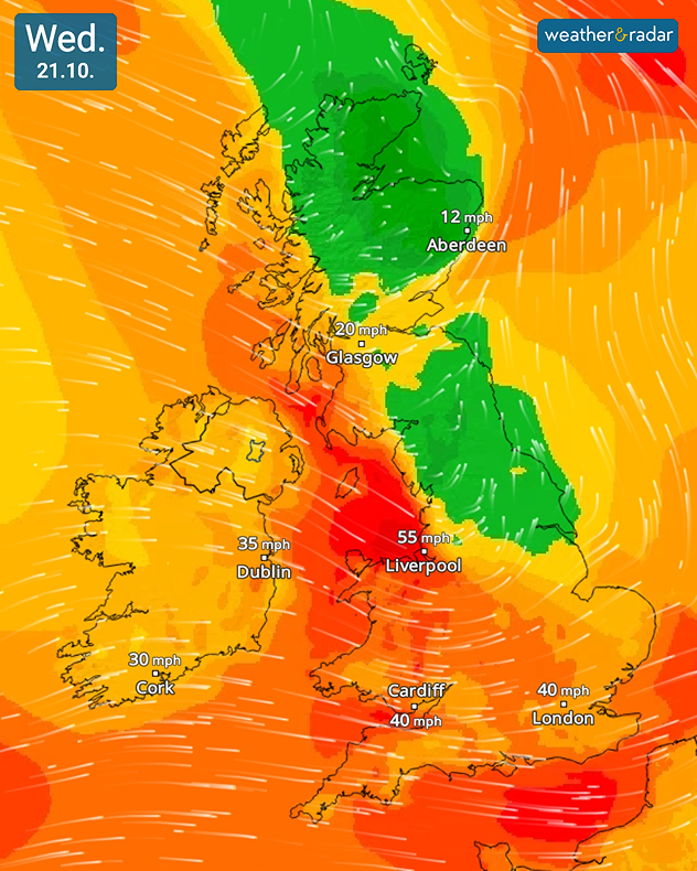 Wind forecast for Wednesday 21.10 showing 55 mph near Liverpool, 40 mph near Cardiff and London, and lighter 12 to 20 mph winds across Scotland.