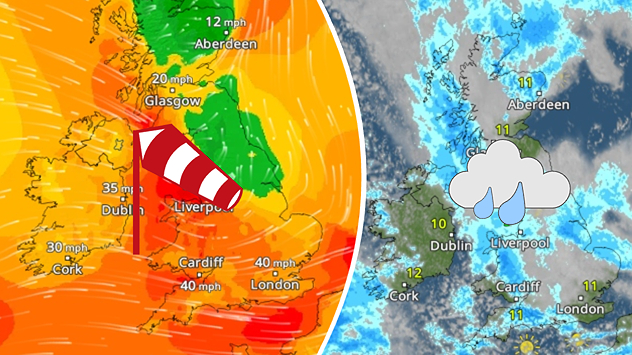 Split weather map showing strong winds up to 40 mph across southern Britain and blue rain bands over Scotland, Ireland and England, with warning symbols.