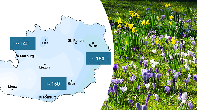 Links: Österreichkarte mit Zahlen, welche die Grünlandtemperatursumme angeben; Rechts: Eine Wiese mit vielen Frühblühern bei sonnigem Wetter