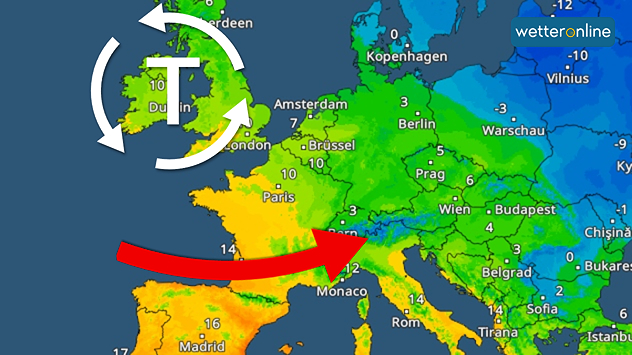 Das Bild zeigt das TemperaturRadar für Europa. Eingezeichnet sind ein Tiefdruckgebiet bei Großbritannien und ein roter Pfeil vom Atlantik nach Mitteleuropa.