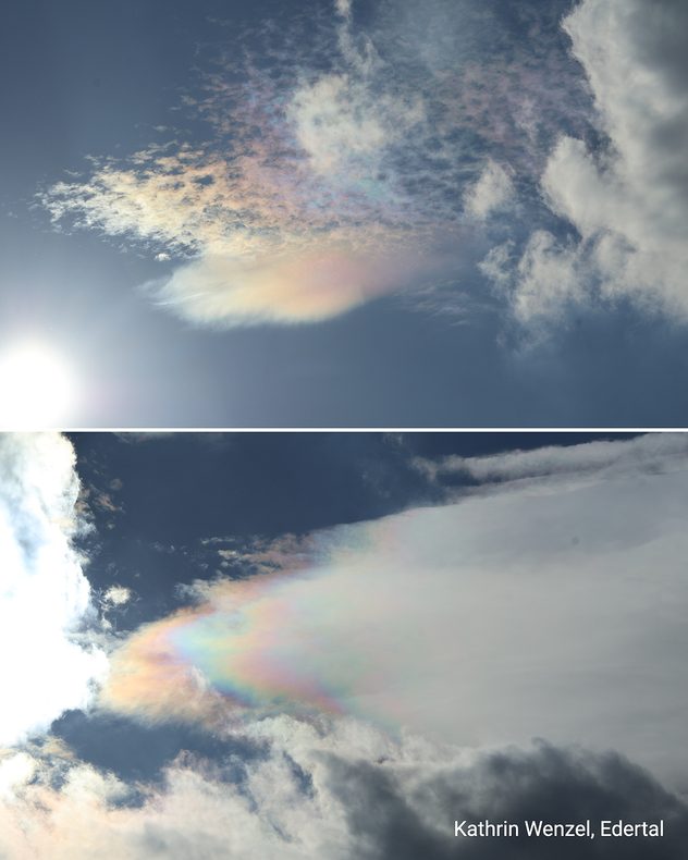 Zwei Aufnahmen von irisierenden Wolken mit schillernden Pastellfarben vor blauem Himmel.