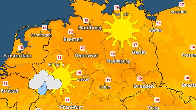 TemperaturRadar am Sonntag. Die Sonne ist am längste im Osten zu sehen.