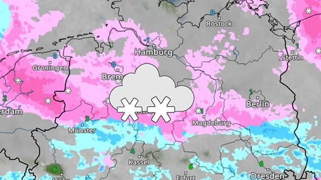 Wetterradar zeigt starkes Schneeband über Norddeutschland. Südlich davon überwiegend Regen.
