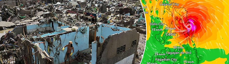 Wetterkarte eines Taifuns über den Philippinen und zerstörte Häuser nach dem Sturm. (c) dpa