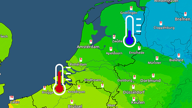Een temperatuurkaart met de verschillen tussen het noordoosten, waar het rond het vriespunt blijft, en het zuidwesten met temperaturen tot wel 9 graden.