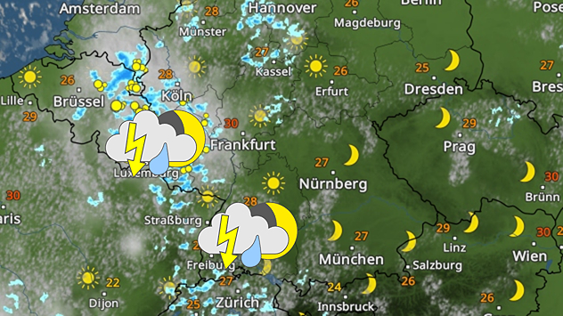 WetterRadar zeigt Gewitter im Südwesten und Westen in der Nacht.