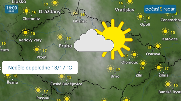 Meteoradar, screenshot, neděle 8. 3. 16:00: V neděli se na obloze může přechodně objevit o něco více oblačnosti, celkově však bude opět panovat slunečné a teplé počasí.