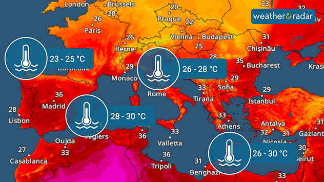 Sea temperature map of southern Europe and the Mediterranean showing 23–25°C near western France, 26–28°C around Italy and 26–30°C in the eastern Mediterranean, with 28–30°C near North Africa.
