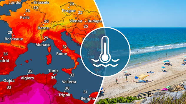 Split graphic showing a hot southern Europe temperature map beside a sunny Mediterranean beach, with a sea-temperature icon highlighting very warm coastal waters.