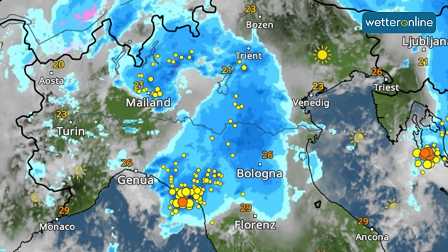 V severní Itálii je dnes rušno. Mezi Milánem a Boloňou se prohánějí místy silné přeháňky a bouřky. Zejména jižně od Janova a v okolí Boloňe často blýskají blesky. Na pobřeží Jaderského moře je naopak počasí výrazně příznivější. V okolí Benátek a Terstu často svítí slunce. S teplotami až 29 stupňů zůstává letně teplo zejména směrem k Florencii a Anconě.