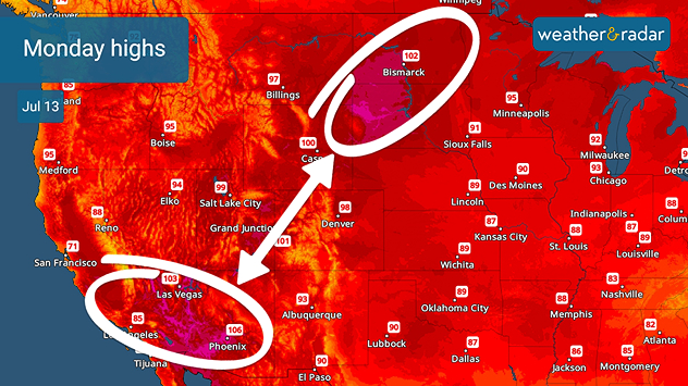 Monday's high temperature forecast is similar for both the Desert Southwest and the Dakotas.