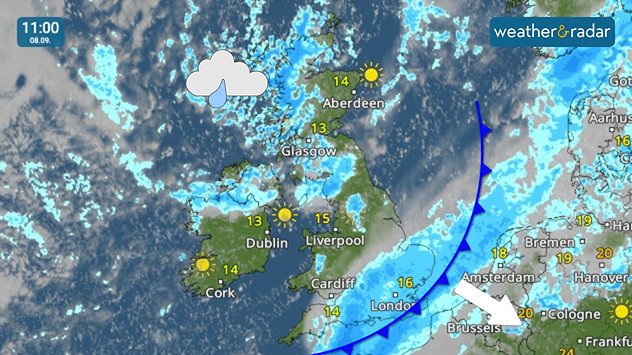 Weather map at 11:00 on 08.09 showing rain across the UK and Ireland and a cold front moving east through southern England toward the North Sea.