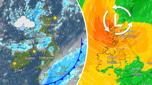 Split weather graphic showing rain and a cold front across the UK and Ireland alongside low pressure bringing winds up to 40 mph in Ireland.