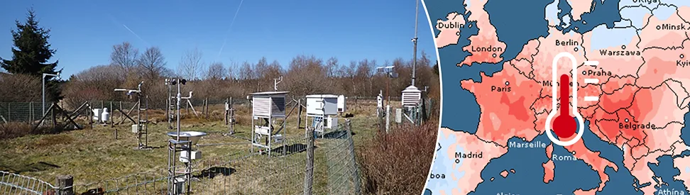 Links eine Wetterstation, rechts eine Wetterkarte, die Hitze in Europa zeigt.