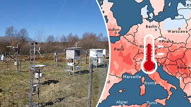 Links eine Wetterstation, rechts eine Wetterkarte, die Hitze in Europa zeigt.