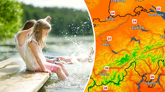 Links zwei Kinder auf einem Steg mit den Füssen im Wasser, rechts Sommerwärme im TemperaturRadar
