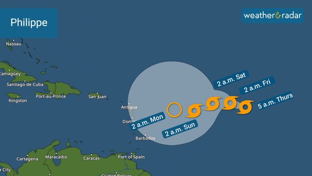 Tropical Storm Philippe's track issued by the National Hurricane Center on Thursday morning.