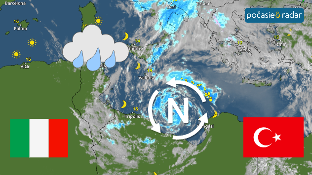 Cyklóna nad Stredozemným morom medzi Talianskom a Tureckom s oblačnosťou a zrážkami, vyznačená tlakovou nížou.
