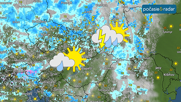 Mapa Slovenska s oblačnosťou, prehánkami a búrkami, lokálne aj slnečné počasie