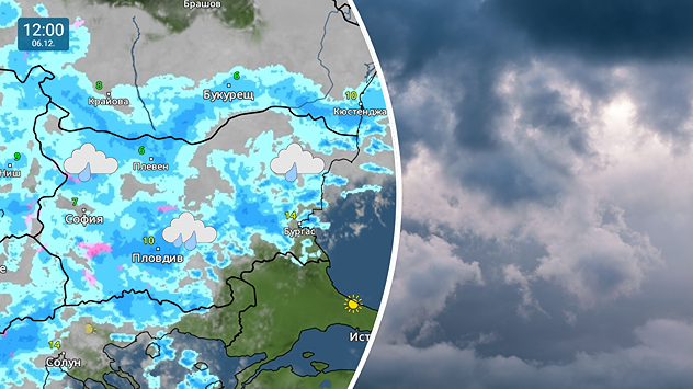 Метеокартата показва валежите към обяд в събота. На много места се очаква да превали дъжд, а на места по планините и сняг. От дясно имаме снимка на тъмни облаци