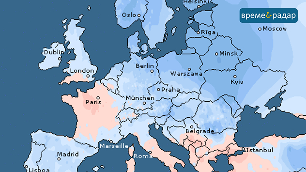 Карта на Европа с цветно представяне на средните максимални температури през януари. По-студените региони са отбелязани в синьо, а по-меките – в червено.