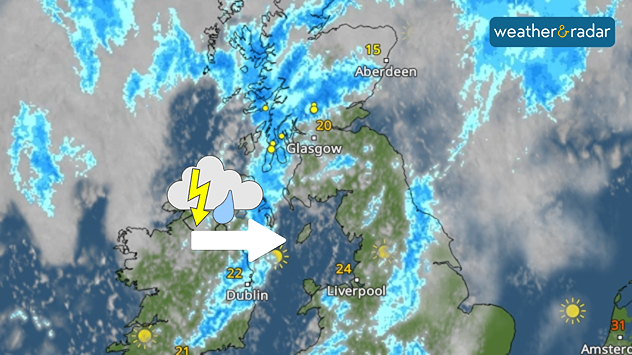 Satellite weather map of the UK and Ireland showing thunderstorms moving east from Ireland into western Scotland, highlighted by a thunderstorm icon and directional arrow. Heavy rain and lightning affect western Scotland, while temperatures range from 15°C in northeast Scotland to 24°C in northwest England and 22°C in Dublin.