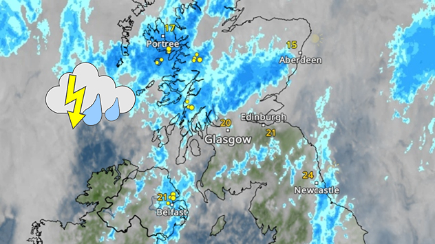 Satellite and lightning map of Scotland showing widespread rain and thunderstorms across the Highlands and western Scotland, with lightning strikes around the west coast and Hebrides. A thunderstorm icon highlights the active weather, while temperatures range from 15°C in Aberdeen to 24°C in Newcastle.