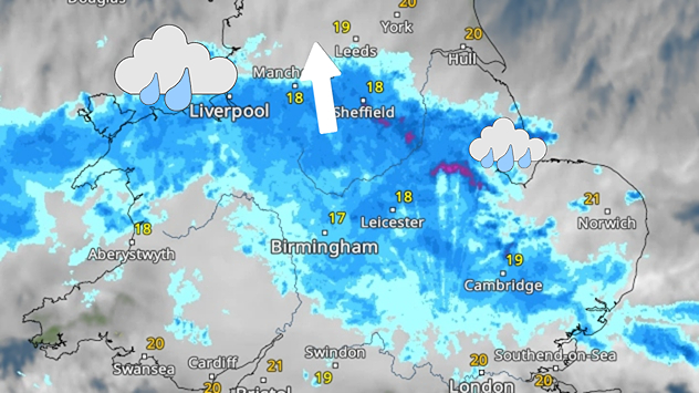 Weather radar at 11:00 on 27.08 showing widespread heavy rain from Liverpool through the Midlands to eastern England, with an arrow indicating rain moving north.