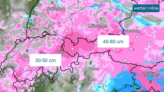 WetterRadar für die Alpen zeigt verbreitet Schneefall
