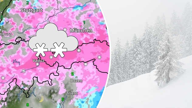 Links ist das WetterRadar mit Schneefall für die Alpen zu sehen, rechts eine winterliche Berglandschaft.
