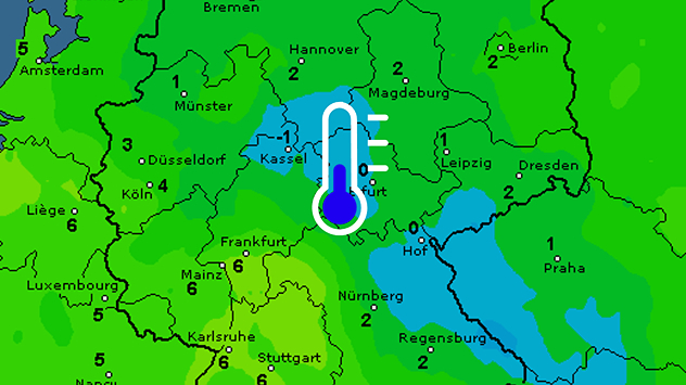 Farbkarte der Tiefstwerte am Erdboden für Mittwoch früh mit Bodenfrost in der Landesmitte
