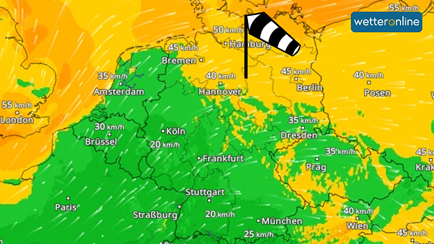 Wetterkarte mit starken Böen bis 50 km/h in Norddeutschland.