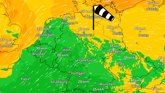 Wetterkarte mit starken Böen bis 50 km/h in Norddeutschland.