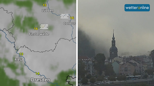 © feratel.com Stadtansicht mit Nebel und Wetterkarte mit Nebelfeldern in Sachsen.