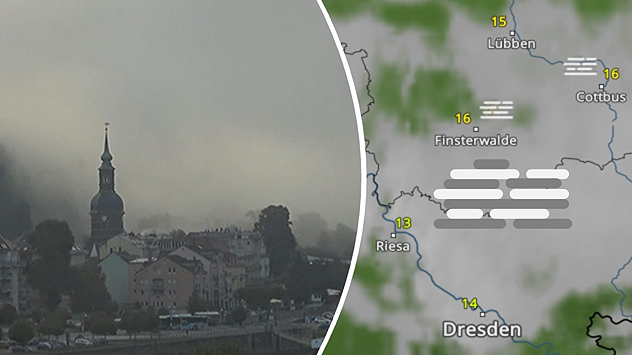 Stadtansicht mit Nebel und Wetterkarte mit Nebelfeldern in Sachsen.