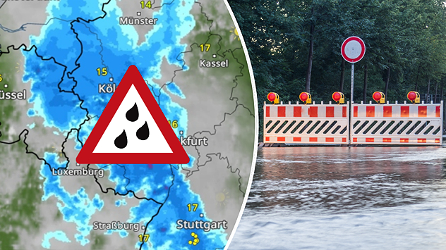 WetterRadar mit Warnzeichen vor Starkregen und Bild einer überschwemmten Straße