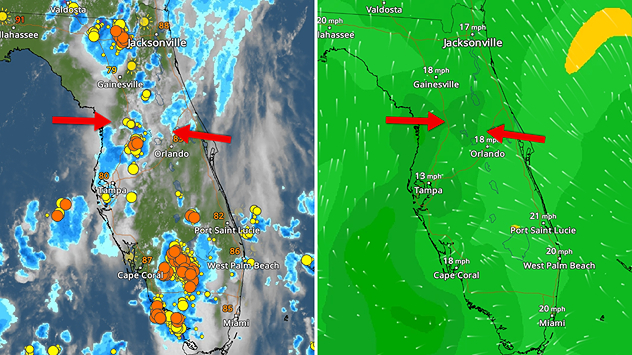 Two air masses conerge to produce storms & heavy downpours across the Florida Peninsula today.