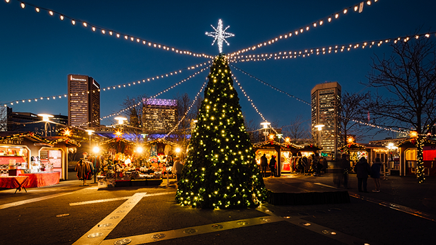 Das Bild zeigt einen beleuchteten Weihnachtsbaum in der Nacht in einer Stadt.