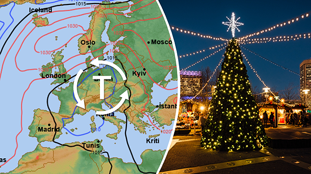Montage aus Wetterkarte mit Tiefdruckgebiet über Europa und beleuchtetem Weihnachtsmarkt mit großem Weihnachtsbaum. Gegenüberstellung von Wetterlage und winterlicher Stimmung.