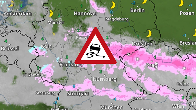 WetterRadar mit Schneefällen in der Nacht zum Dienstag und Warnsymbol Rutschgefahr