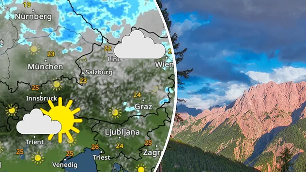 WetterRadar für Österreich und sonnige Berglandschaft. Meist freundliches Sonntagswetter bei 22 bis 26 Grad.
